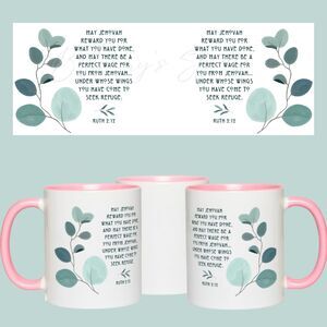 JW Scripture Ceramic Mug: Ivy Design, Pink Accent - 11 oz